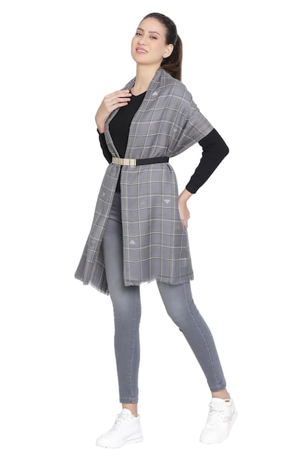 Shingora_Grey Checkered Tim-tim Wool Woven Stole _Online_at_Aza_Fashions