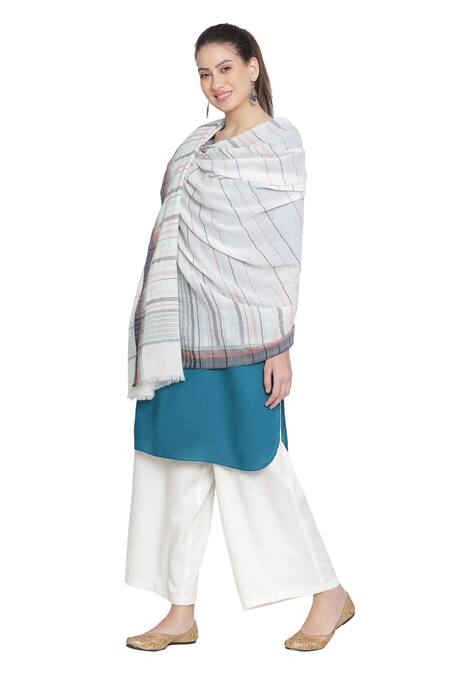 Shingora_Off White Stripe Woven Pattern Fauzia Wool Shawl _Online_at_Aza_Fashions