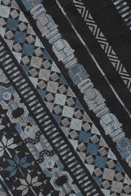 Shingora_Black Stripe Woven Pattern Kiyana Jacquard Wool Shawl _at_Aza_Fashions