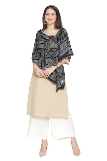 Shingora_Black Woven Geometric Pattern Shawl _Online_at_Aza_Fashions