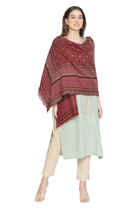 Shingora_Maroon Embroidery Regal Woolen Floral Woven Shawl _Online_at_Aza_Fashions