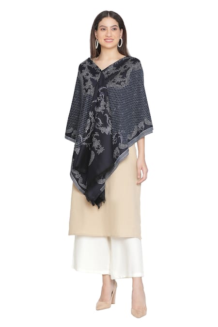 Shingora_Blue Woven Penelope Pattern Woolen Shawl _Online_at_Aza_Fashions