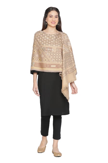 Shingora_Beige Woven Mirza Geometric Pattern Shawl _Online_at_Aza_Fashions