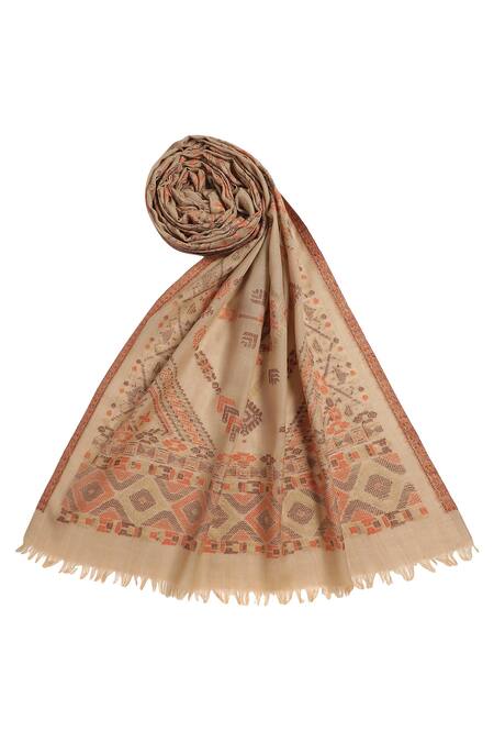 Buy Shingora Beige Siya Wool Geometric Pattern Woven Stole Online at Aza Fashions Buy_Shingora_Beige Siya Wool Geometric Pattern Woven Stole _Online_at_Aza_Fashions