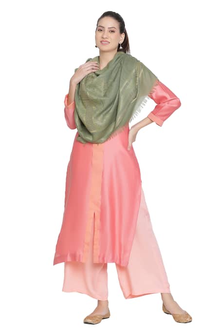 Shingora_Green Nagma Woven Frayed Edge Stole _Online_at_Aza_Fashions