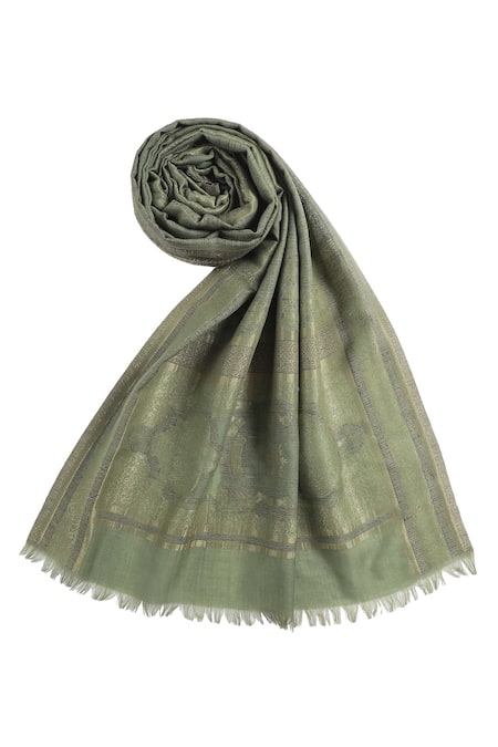 Buy_Shingora_Green Nagma Woven Frayed Edge Stole _Online_at_Aza_Fashions