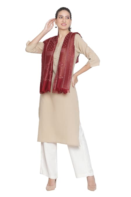 Shingora_Maroon Nagma Woolen Frayed Edge Stole _Online_at_Aza_Fashions