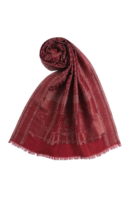 Buy_Shingora_Maroon Nagma Woolen Frayed Edge Stole _Online_at_Aza_Fashions