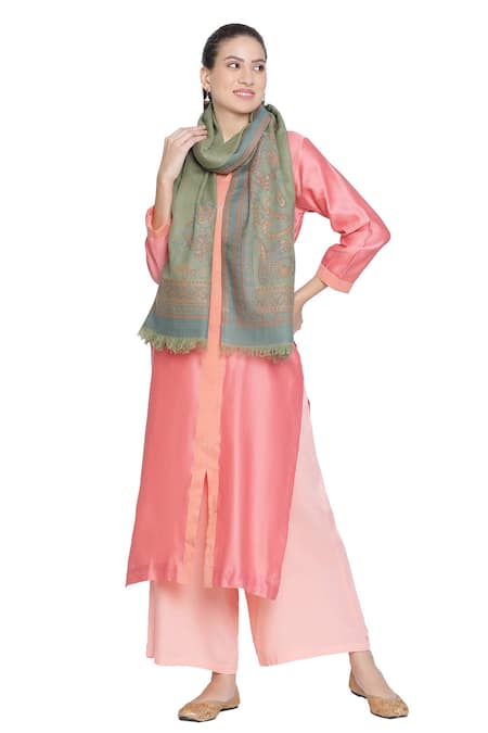 Shingora_Green Qiraat Wool Metallic Stole _Online_at_Aza_Fashions