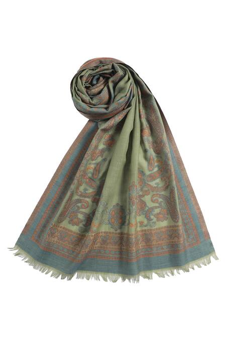 Buy_Shingora_Green Qiraat Wool Metallic Stole _Online_at_Aza_Fashions