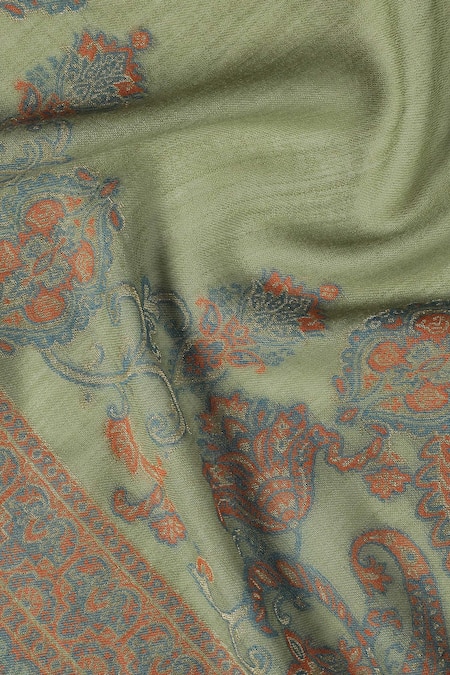 Shop_Shingora_Green Qiraat Wool Metallic Stole _Online_at_Aza_Fashions