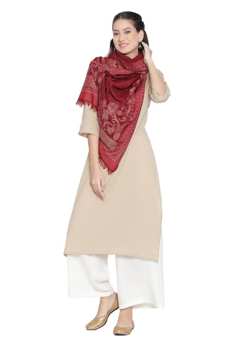 Shingora_Maroon Qiraat Wool Woven Design Stole _Online_at_Aza_Fashions