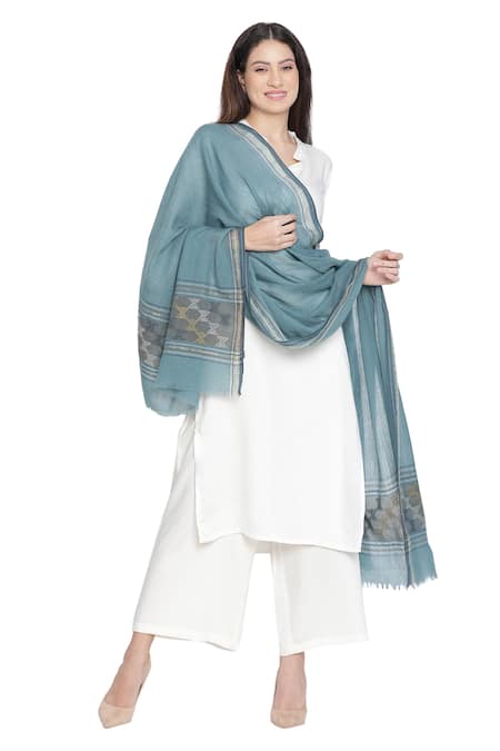 Shingora_Blue Geometric Stripe Woven Pattern Ibadat Wool Shawl _Online_at_Aza_Fashions