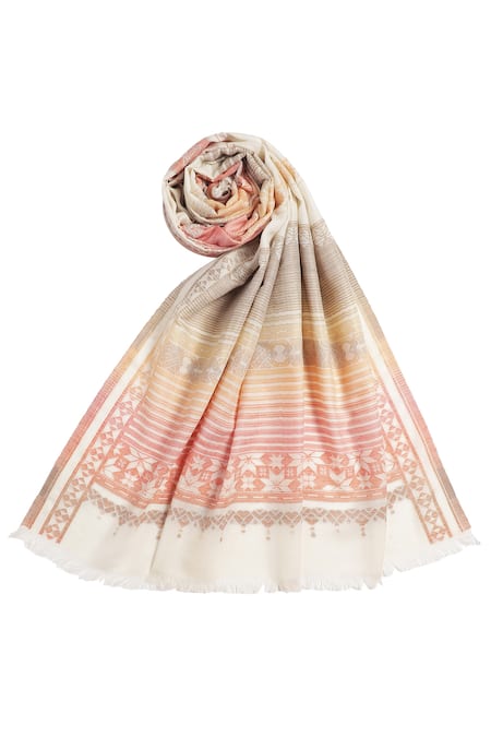 Buy_Shingora_Off White Geometric Stripe Woven Pattern Zoya Wool Shawl _Online_at_Aza_Fashions