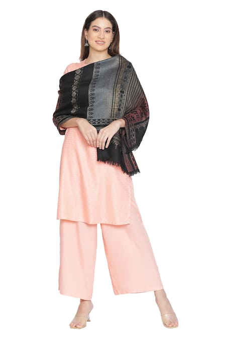 Shingora_Black Geometric Stripe Woven Pattern Zoya Wool Shawl _Online_at_Aza_Fashions