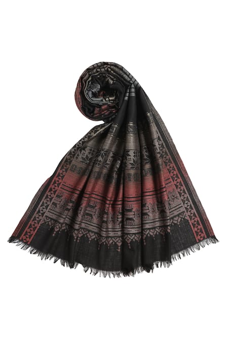 Buy_Shingora_Black Geometric Stripe Woven Pattern Zoya Wool Shawl _Online_at_Aza_Fashions