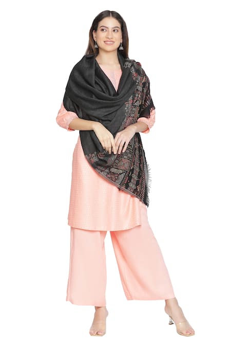 Shingora_Black Wool Geometric Print Bordered Shawl _Online_at_Aza_Fashions