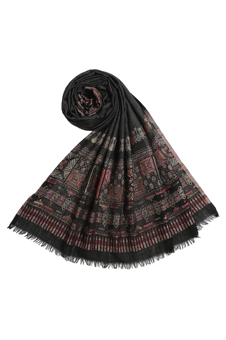 Buy_Shingora_Black Wool Geometric Print Bordered Shawl _Online_at_Aza_Fashions