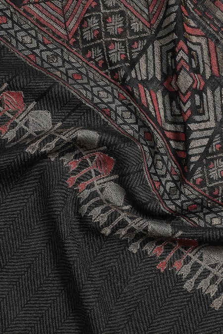 Shop_Shingora_Black Wool Geometric Print Bordered Shawl _Online_at_Aza_Fashions