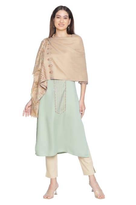 Shingora_Beige Geometric Printed And Chevron Woven Pattern Bordered Shawl _Online_at_Aza_Fashions