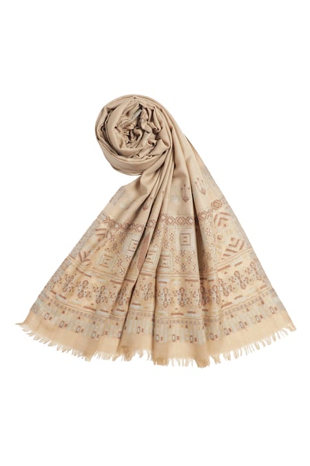 Buy_Shingora_Beige Geometric Printed And Chevron Woven Pattern Bordered Shawl _Online_at_Aza_Fashions