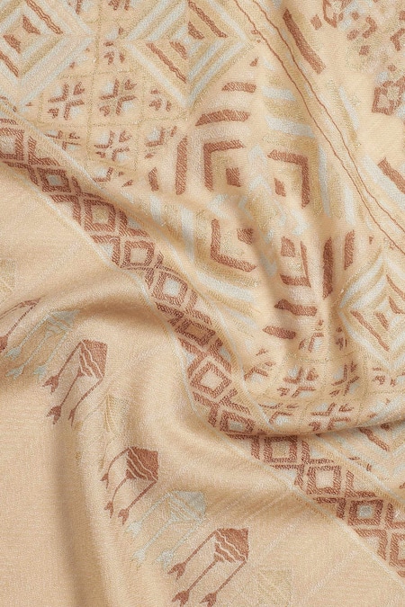 Shop_Shingora_Beige Geometric Printed And Chevron Woven Pattern Bordered Shawl _Online_at_Aza_Fashions