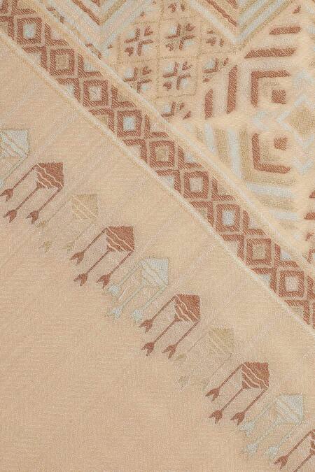 Shingora_Beige Geometric Printed And Chevron Woven Pattern Bordered Shawl _at_Aza_Fashions