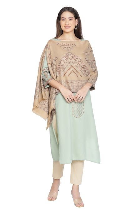 Shingora_Beige Vintage Woven Pattern Jacquard Wool Shawl _Online_at_Aza_Fashions