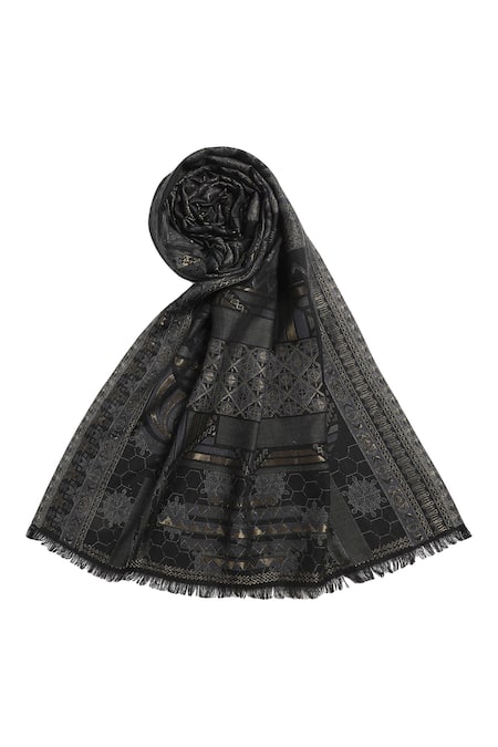 Buy_Shingora_Black Geometric Fleur Tashi Woven Stole _Online_at_Aza_Fashions
