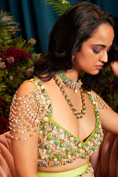 Papa Don't Preach_Green Tulle Sequins, Beads, Crystals Split V-neck Nova Work Blouse Sharara Set _Online_at_Aza_Fashions