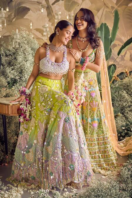 Buy_Papa Don't Preach_Green Tulle Sequins, Beads, Crystals Split V-neck Nova Work Blouse Sharara Set _Online_at_Aza_Fashions