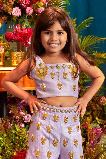 Papa Dont Preach_Purple Silk Pearls, Sequins, Metallic Mia Embellished Top And Flared Pant Set _Online_at_Aza_Fashions