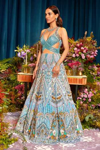 Papa Dont Preach_Blue Tulle Sequins, Cut Work V-neck Luna Chevron Embroidered Gown _Online_at_Aza_Fashions