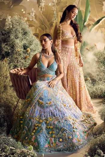 Buy_Papa Dont Preach_Blue Tulle Sequins, Cut Work V-neck Luna Chevron Embroidered Gown _Online_at_Aza_Fashions
