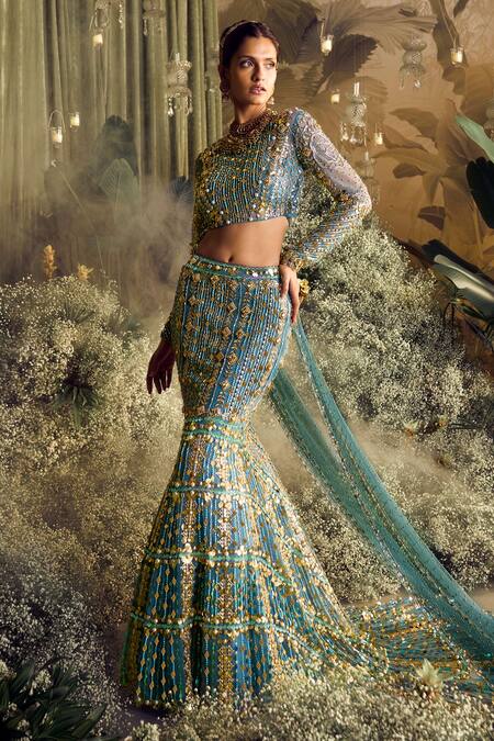 Papa Don't Preach_Blue Tulle Sequins, Chains, Metallic Thalia Stripe Embellished Lehenga Set _Online_at_Aza_Fashions