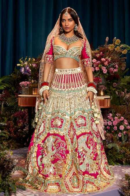 Papa Don't Preach Red Tulle Embellished 3d Metal Rose Applique Embroidered Bridal Lehenga Set 