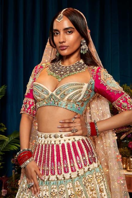 Papa Don't Preach_Red Organza, Tulle Beads, Stones, Rose Applique Embroidered Bridal Lehenga Set _Online_at_Aza_Fashions