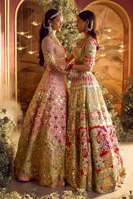 Shop_Papa Don't Preach_Red Organza, Tulle Beads, Stones, Rose Applique Embroidered Bridal Lehenga Set _Online_at_Aza_Fashions