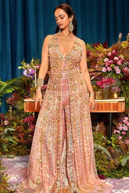 Papa Dont Preach_Pink Tulle Embroidery, Crystals, Pearls Plunge Neck Phoenix Jacket Sharara Set _Online_at_Aza_Fashions