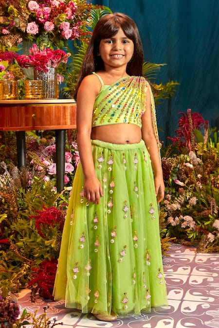 Papa Don't Preach Green Tulle Embroidery Crystal One Shoulder Top And Lehenga Set 