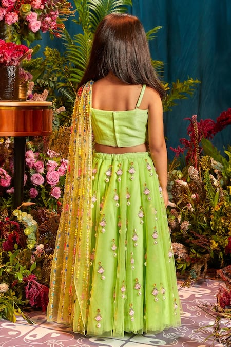 Shop_Papa Don't Preach_Green Tulle Sequins, Crystals, Embroidery One Shoulder Top And Lehenga Set _at_Aza_Fashions