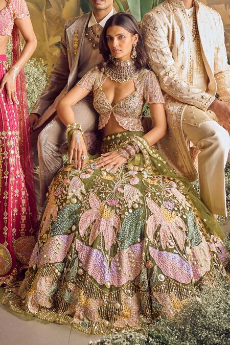 Papa Don't Preach_Green Tulle Sequins, Pearls, Crystals Floral Patchwork Embroidered Lehenga Set _Online_at_Aza_Fashions