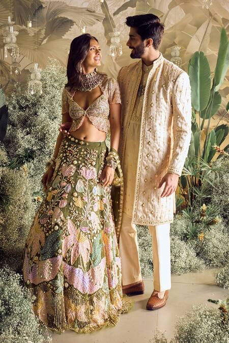 Buy_Papa Don't Preach_Green Tulle Sequins, Pearls, Crystals Floral Patchwork Embroidered Lehenga Set _Online_at_Aza_Fashions