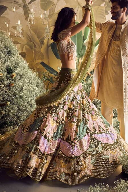 Shop_Papa Don't Preach_Green Tulle Sequins, Pearls, Crystals Floral Patchwork Embroidered Lehenga Set _Online_at_Aza_Fashions