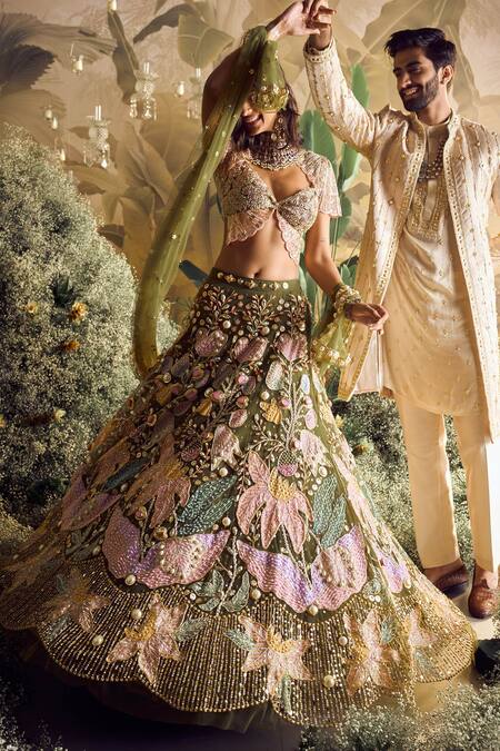 Papa Don't Preach_Green Tulle Sequins, Pearls, Crystals Floral Patchwork Embroidered Lehenga Set _at_Aza_Fashions