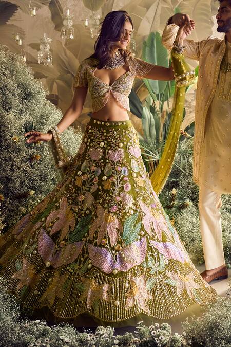 Buy_Papa Don't Preach_Green Tulle Sequins, Pearls, Crystals Floral Patchwork Embroidered Lehenga Set 