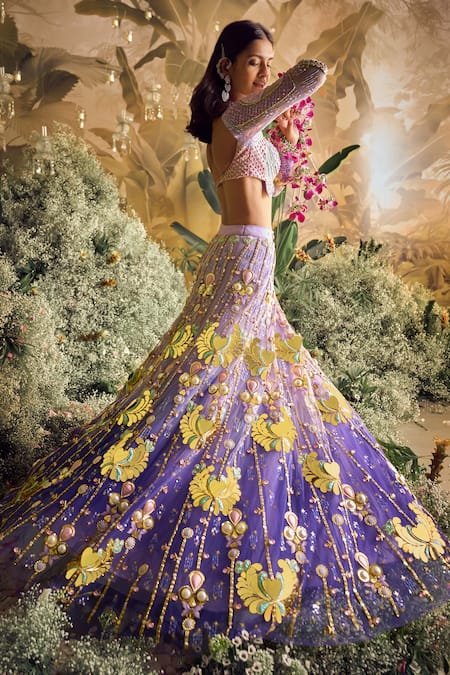 Papa Don't Preach Purple Tulle Pearls, Sequins Celestia Metal Embellished Bridal Lehenga Set Online at Aza Fashions Papa Don't Preach_Purple Tulle Pearls, Sequins Celestia Metal Embellished Bridal Lehenga Set _Online_at_Aza_Fashions
