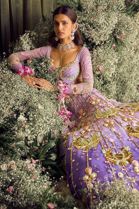 Buy Papa Don't Preach Purple Tulle Pearls, Sequins Celestia Metal Embellished Bridal Lehenga Set Online at Aza Fashions Buy_Papa Don't Preach_Purple Tulle Pearls, Sequins Celestia Metal Embellished Bridal Lehenga Set _Online_at_Aza_Fashions