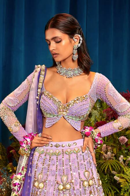 Papa Don't Preach Purple Tulle Pearls, Sequins Celestia Metal Embellished Bridal Lehenga Set at Aza Fashions Papa Don't Preach_Purple Tulle Pearls, Sequins Celestia Metal Embellished Bridal Lehenga Set _at_Aza_Fashions