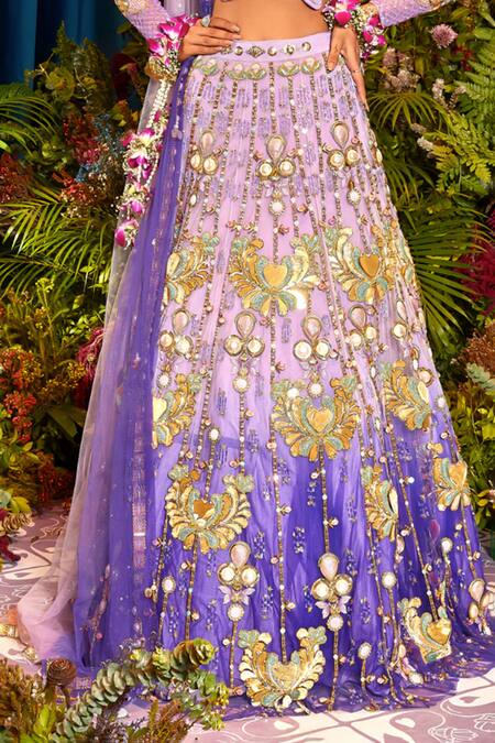 Buy Papa Don't Preach Purple Tulle Pearls, Sequins Celestia Metal Embellished Bridal Lehenga Set Buy_Papa Don't Preach_Purple Tulle Pearls, Sequins Celestia Metal Embellished Bridal Lehenga Set